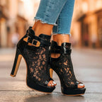 Lauren - Women’s Lace Mesh Buckle Strap High Heels