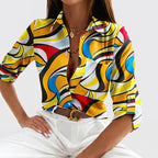 Lauren - Women's Satin Abstract Print Button Up Blouse