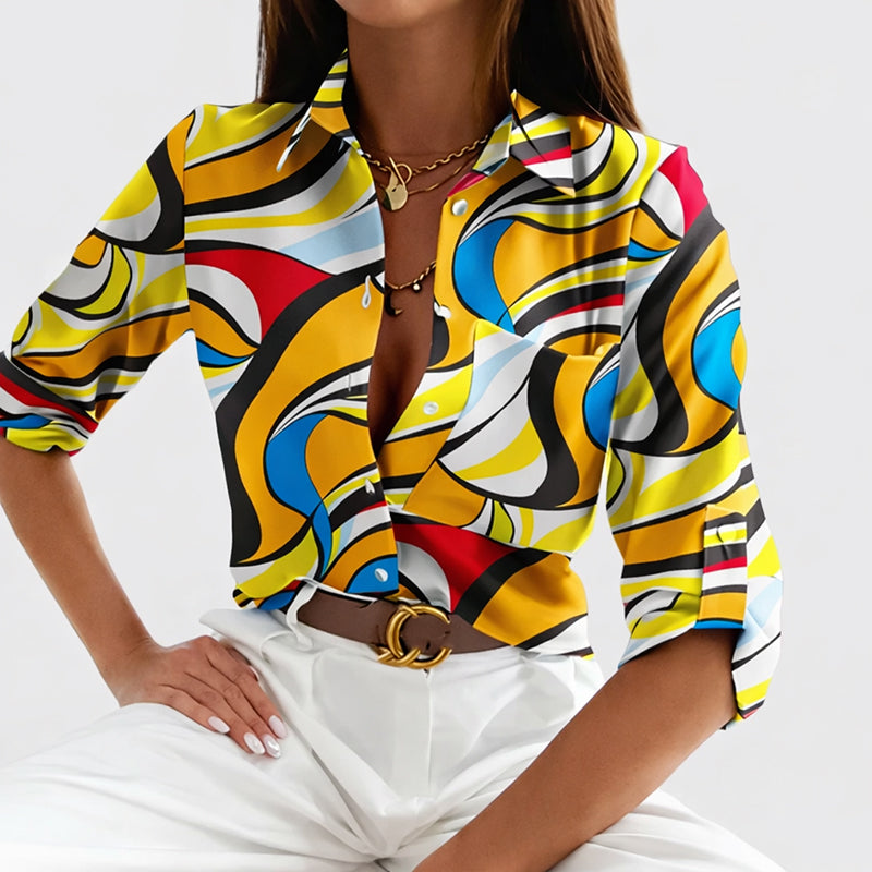Lauren - Women's Satin Abstract Print Button Up Blouse