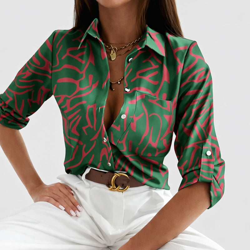 Lauren - Women's Satin Abstract Print Button Up Blouse