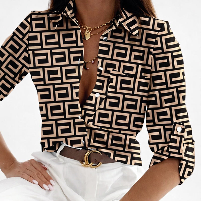 Lauren - Women's Satin Abstract Print Button Up Blouse