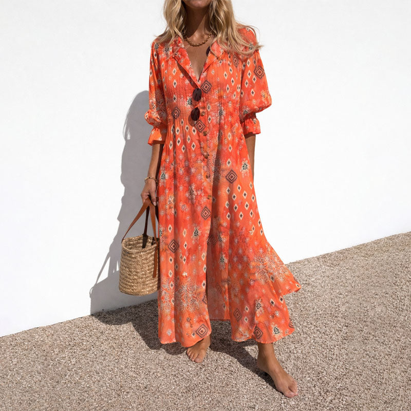 Lillian - Women’s Printed Button Front Maxi Shirt Dress