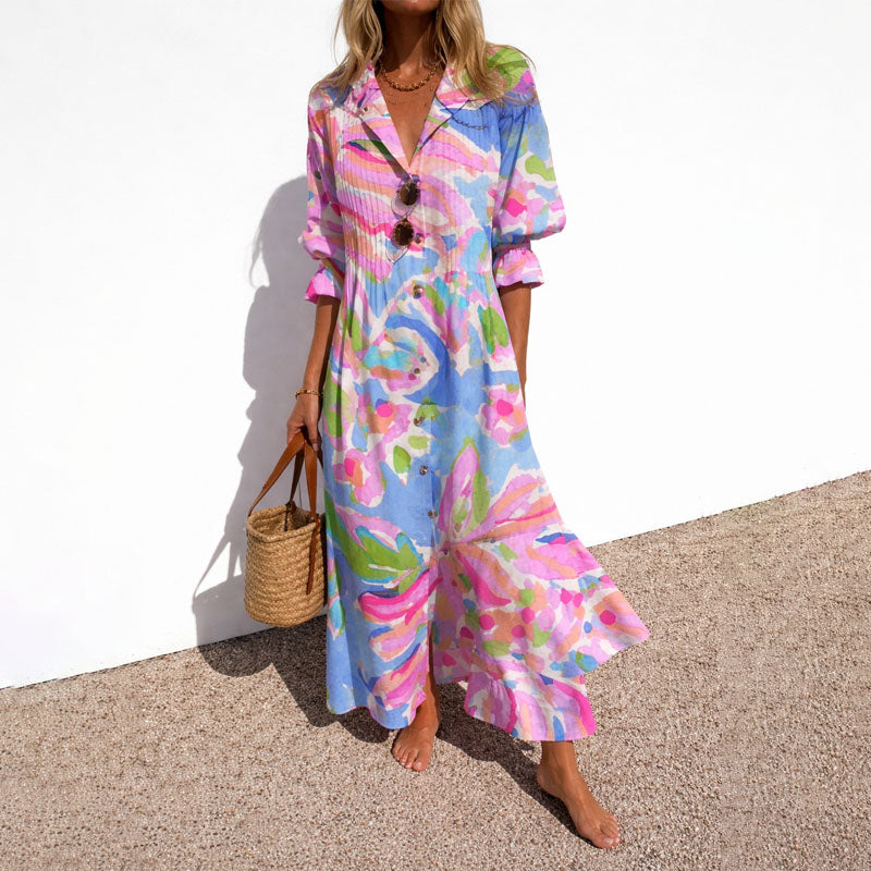 Lillian - Women’s Printed Button Front Maxi Shirt Dress