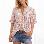 Lori - Women's Floral Boho Blouse with V-Neck