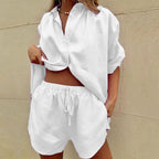 Madison - Women's Cotton Button-Up Shirt and Drawstring Shorts Set