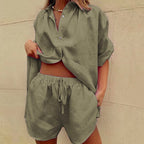 Madison - Women's Cotton Button-Up Shirt and Drawstring Shorts Set