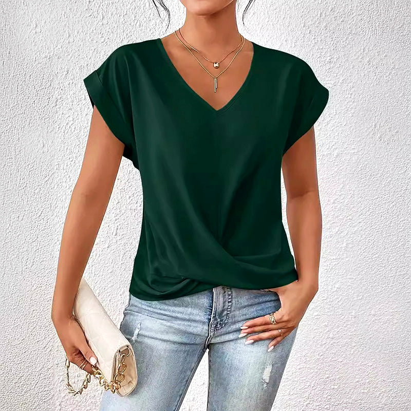 Megan - Casual V-Neck Top with Draped Front