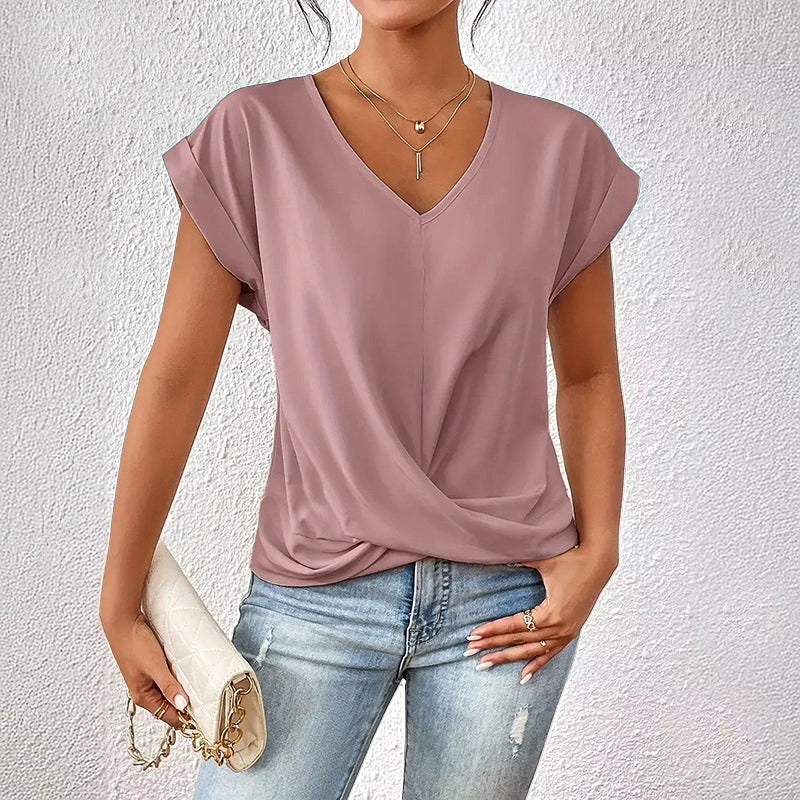 Megan - Casual V-Neck Top with Draped Front