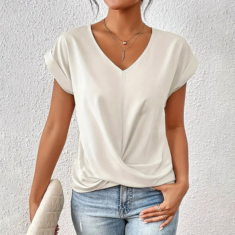 Megan - Casual V-Neck Top with Draped Front