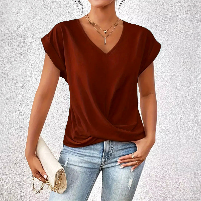 Megan - Casual V-Neck Top with Draped Front