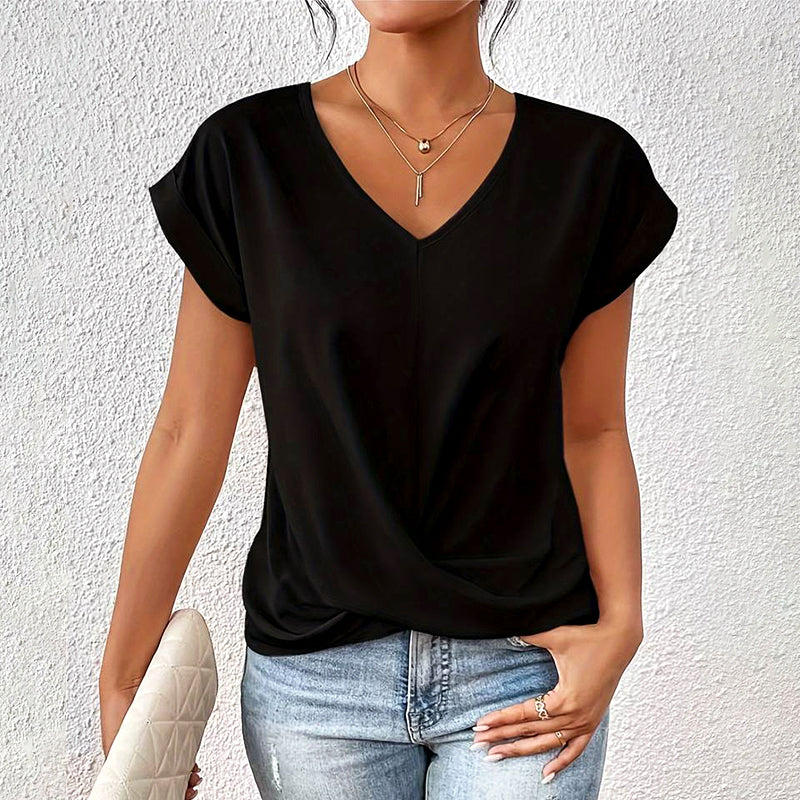 Megan - Casual V-Neck Top with Draped Front