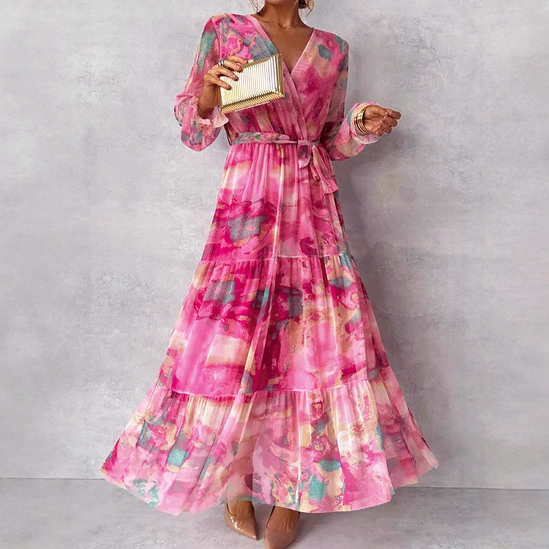 Melanie - Women’s Floral Maxi Dress with V-Neck and Belt