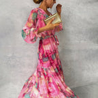 Melanie - Women’s Floral Maxi Dress with V-Neck and Belt