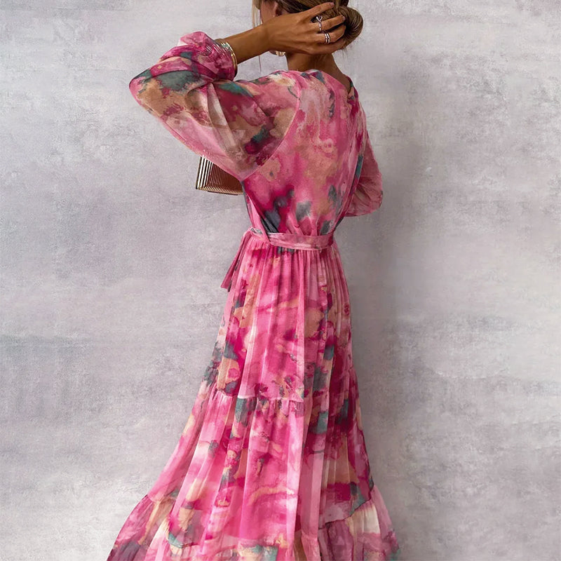 Melanie - Women’s Floral Maxi Dress with V-Neck and Belt
