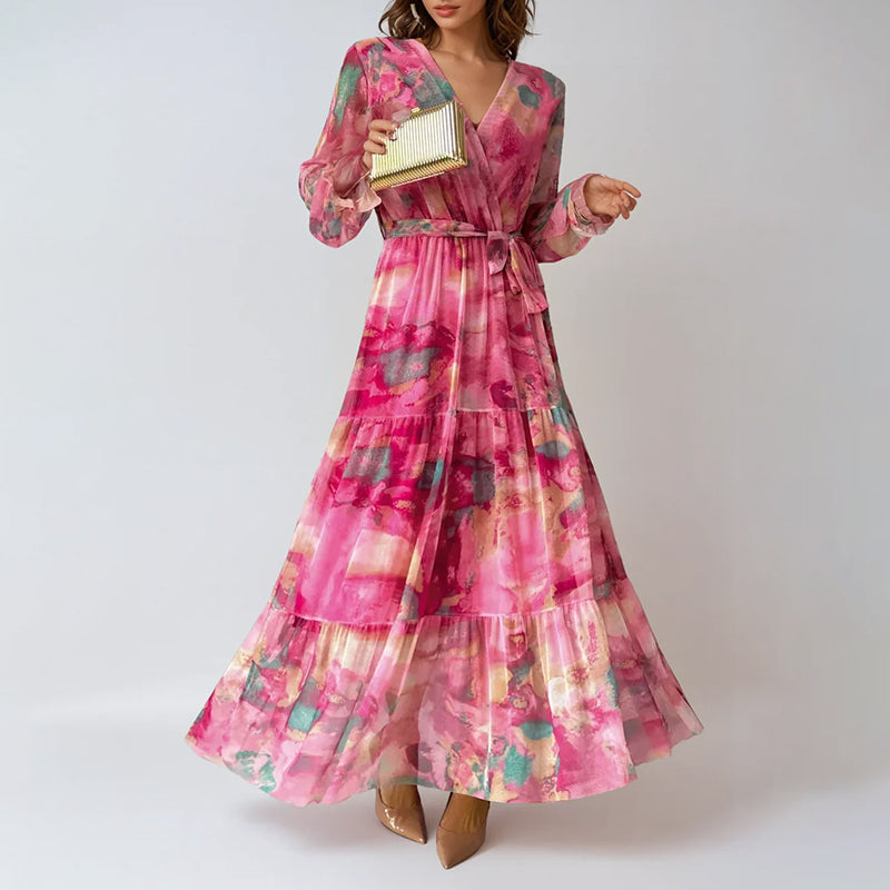 Melanie - Women’s Floral Maxi Dress with V-Neck and Belt