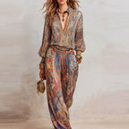 Melanie - Women's Paisley Blouse and Wide-Leg Pants Set