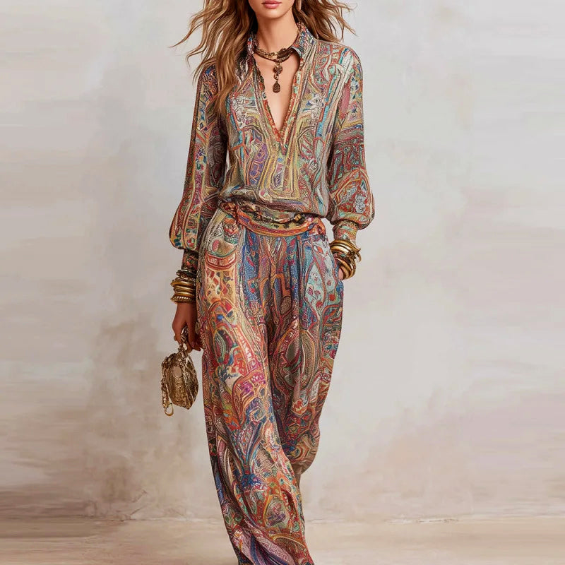 Melanie - Women's Paisley Blouse and Wide-Leg Pants Set