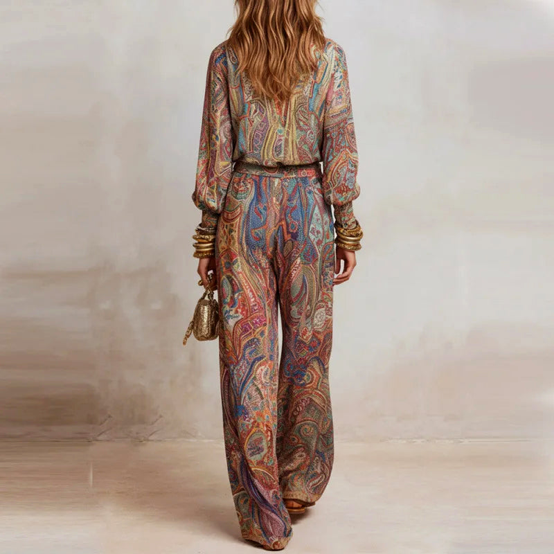 Melanie - Women's Paisley Blouse and Wide-Leg Pants Set