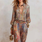 Melanie - Women's Paisley Blouse and Wide-Leg Pants Set