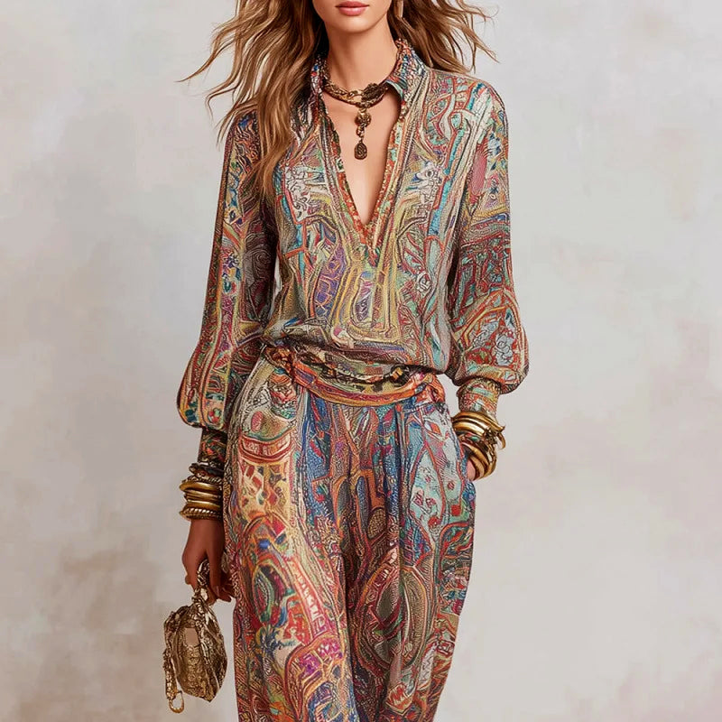 Melanie - Women's Paisley Blouse and Wide-Leg Pants Set