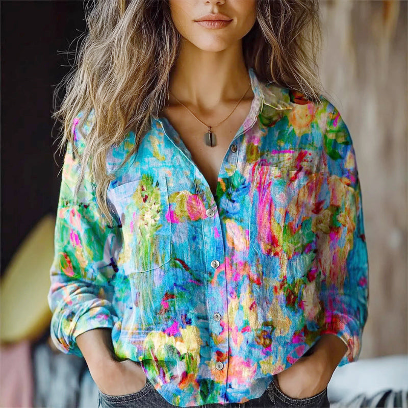 Mia - Women’s Colorful Print Button Up Casual Blouse