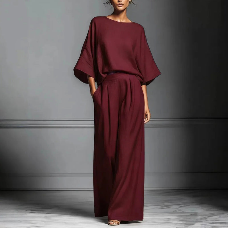 Monica - Women's Batwing Sleeve Top and Wide-Leg Pants Set