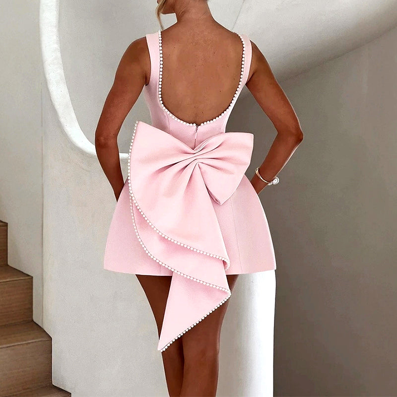 Natalie - Women's Wedding Sleeveless Mini Dress with Statement Back Bow
