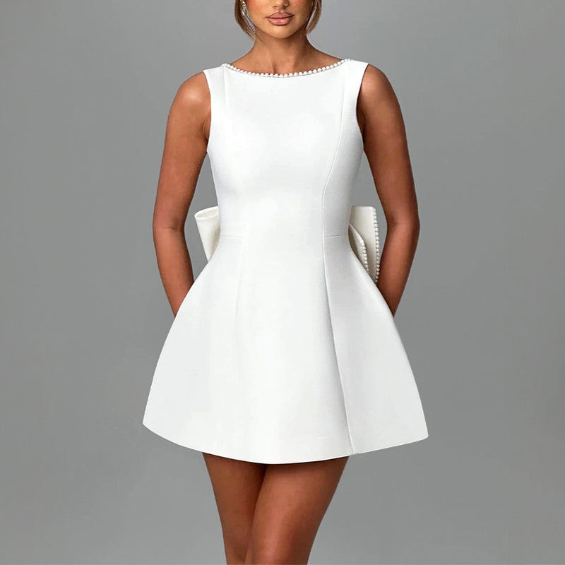 Natalie - Women's Wedding Sleeveless Mini Dress with Statement Back Bow