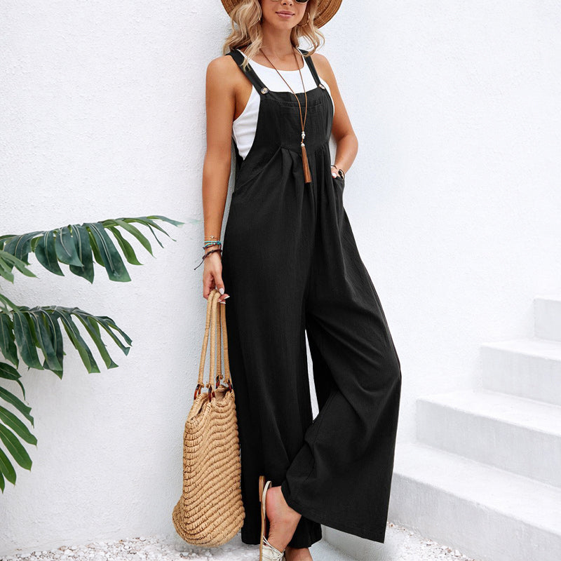Natalie - Women's Cotton Wide-Leg Suspender Jumpsuit