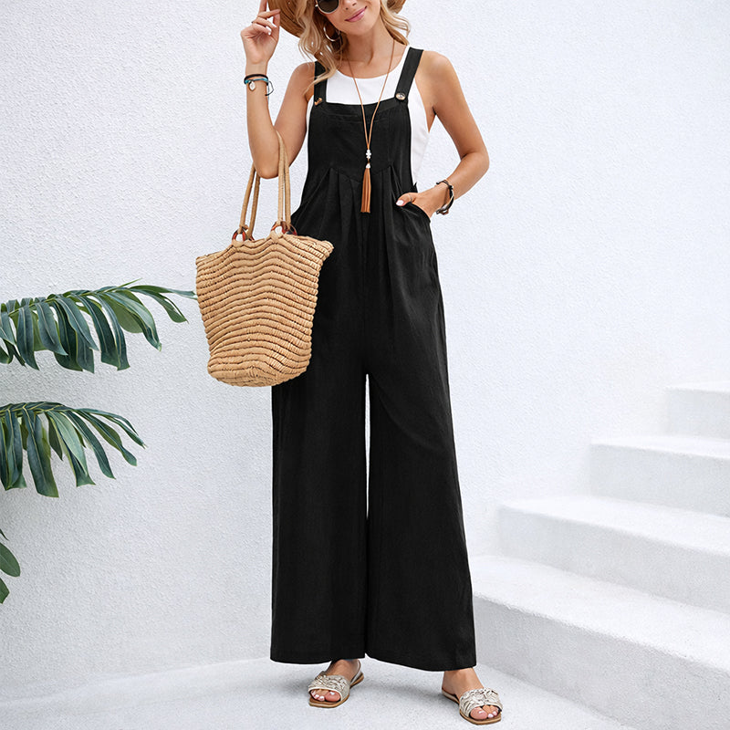 Natalie - Women's Cotton Wide-Leg Suspender Jumpsuit