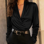 Nicole - Women’s Draped Satin Blouse with V-Neck