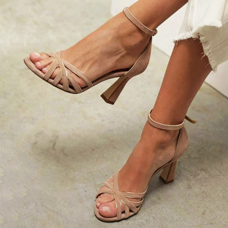 Olivia - Women's Strappy Block Heel Sandals with Ankle Strap
