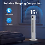 Tower fan in a bedroom with sleep mode and low noise features highlighted.