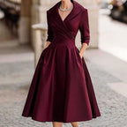 Rebecca - Women’s Fit and Flare Midi Dress with Lapel Neckline