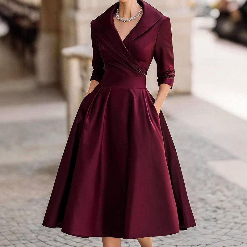 Rebecca - Women’s Fit and Flare Midi Dress with Lapel Neckline