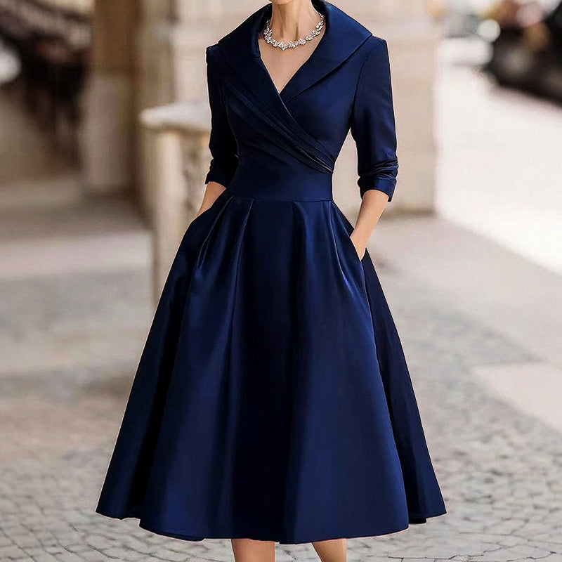 Rebecca - Women’s Fit and Flare Midi Dress with Lapel Neckline