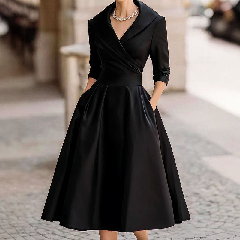 Rebecca - Women’s Fit and Flare Midi Dress with Lapel Neckline