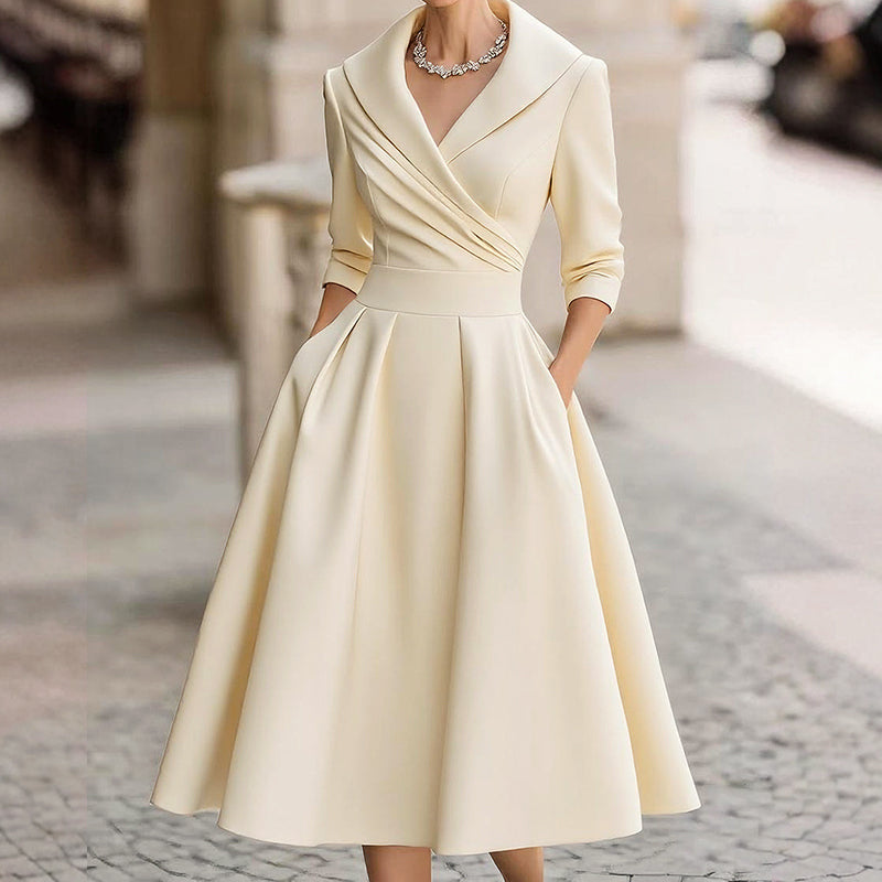 Rebecca - Women’s Fit and Flare Midi Dress with Lapel Neckline