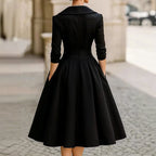 Rebecca - Women’s Fit and Flare Midi Dress with Lapel Neckline