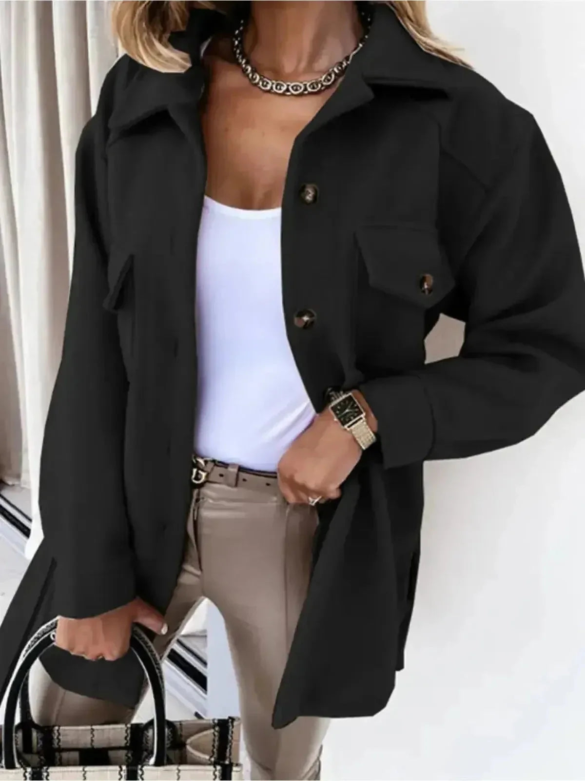 Roselle - Women's Oversized Blazer Jacket with Notch Lapels and Chest Pockets