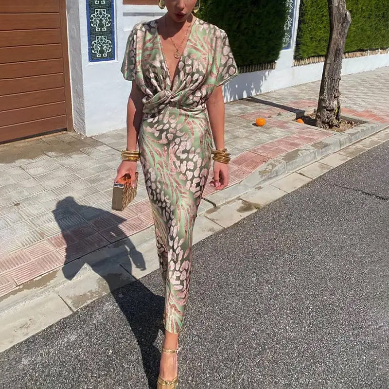 Samantha - Women’s Printed Satin Midi Dress with Twist Front