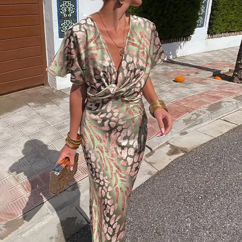 Samantha - Women’s Printed Satin Midi Dress with Twist Front