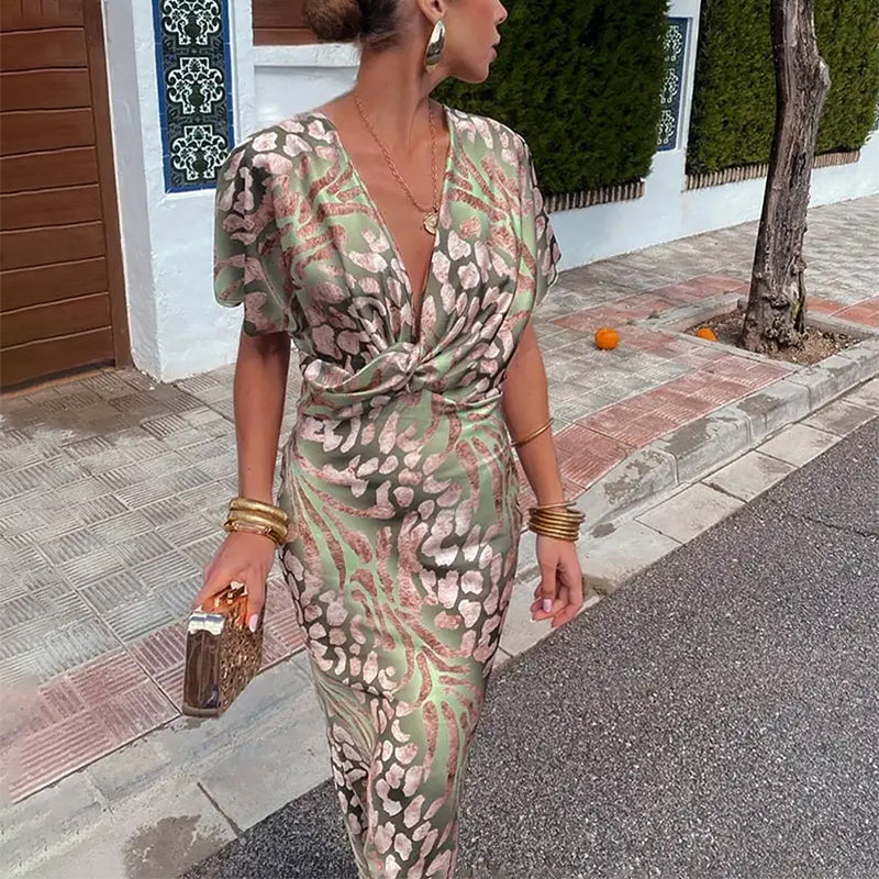 Samantha - Women’s Printed Satin Midi Dress with Twist Front