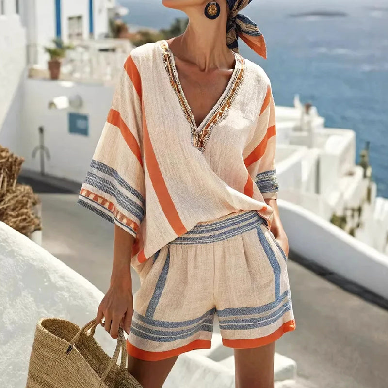 Sierra - Women's Boho Relaxed V-Neck Tunic Top and Shorts Set