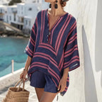 Sierra - Women's Boho Relaxed V-Neck Tunic Top and Shorts Set