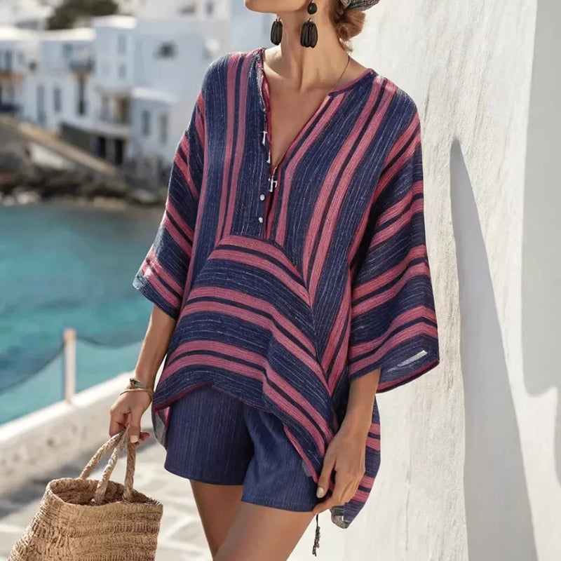 Sierra - Women's Boho Relaxed V-Neck Tunic Top and Shorts Set
