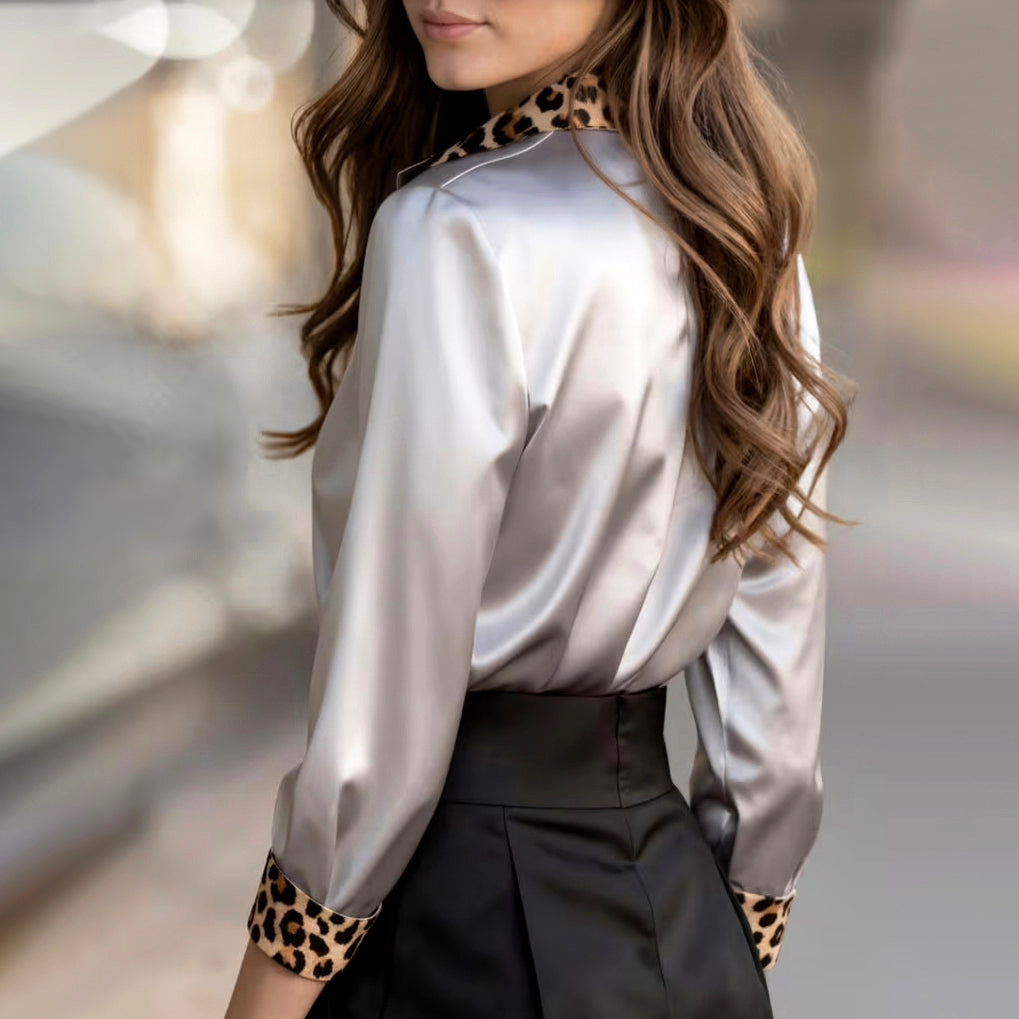 Emma - Women's Long Sleeve Blouse with Leopard Detail