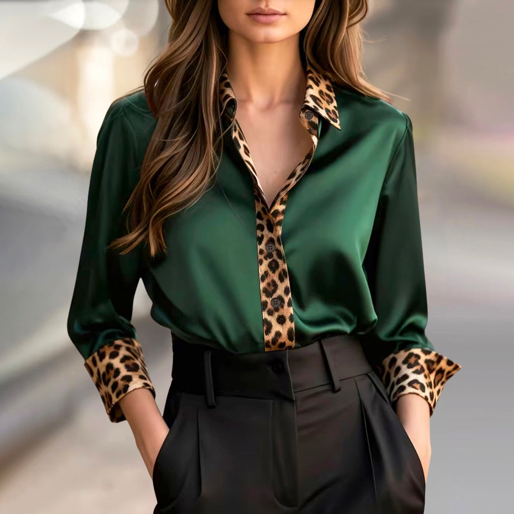 Emma - Women's Long Sleeve Blouse with Leopard Detail
