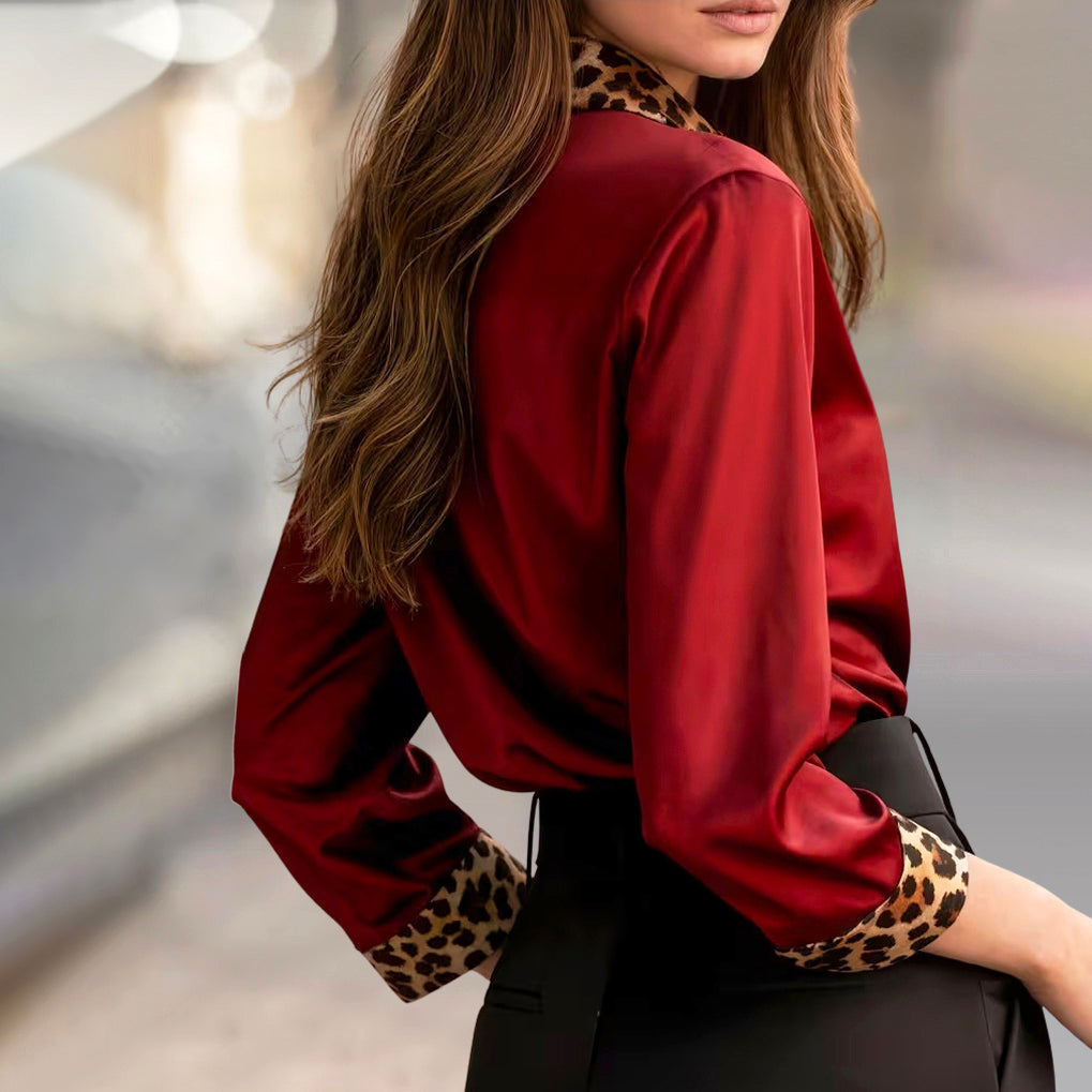 Emma - Women's Long Sleeve Blouse with Leopard Detail