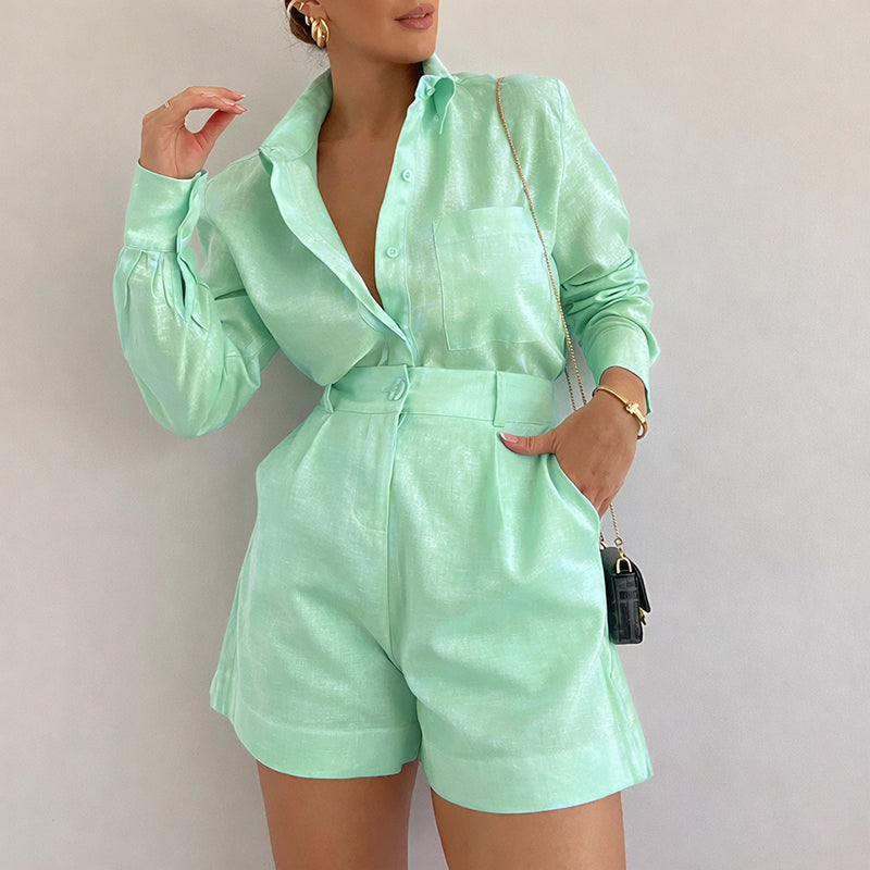 Sydney - Women's Button-Up Shirt and High-Waist Shorts Set